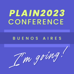 Neon green text on purple background reads: PLAIN2023 Conference Buenos Aires I'm going!