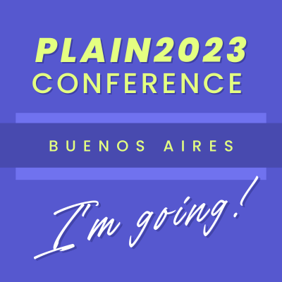 Neon green text on purple background reads: PLAIN2023 Conference Buenos Aires I'm going!
