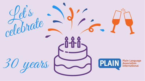 Postcard with lilac background shows a purple cake, two orange glasses toasting, colored confetti and blue text